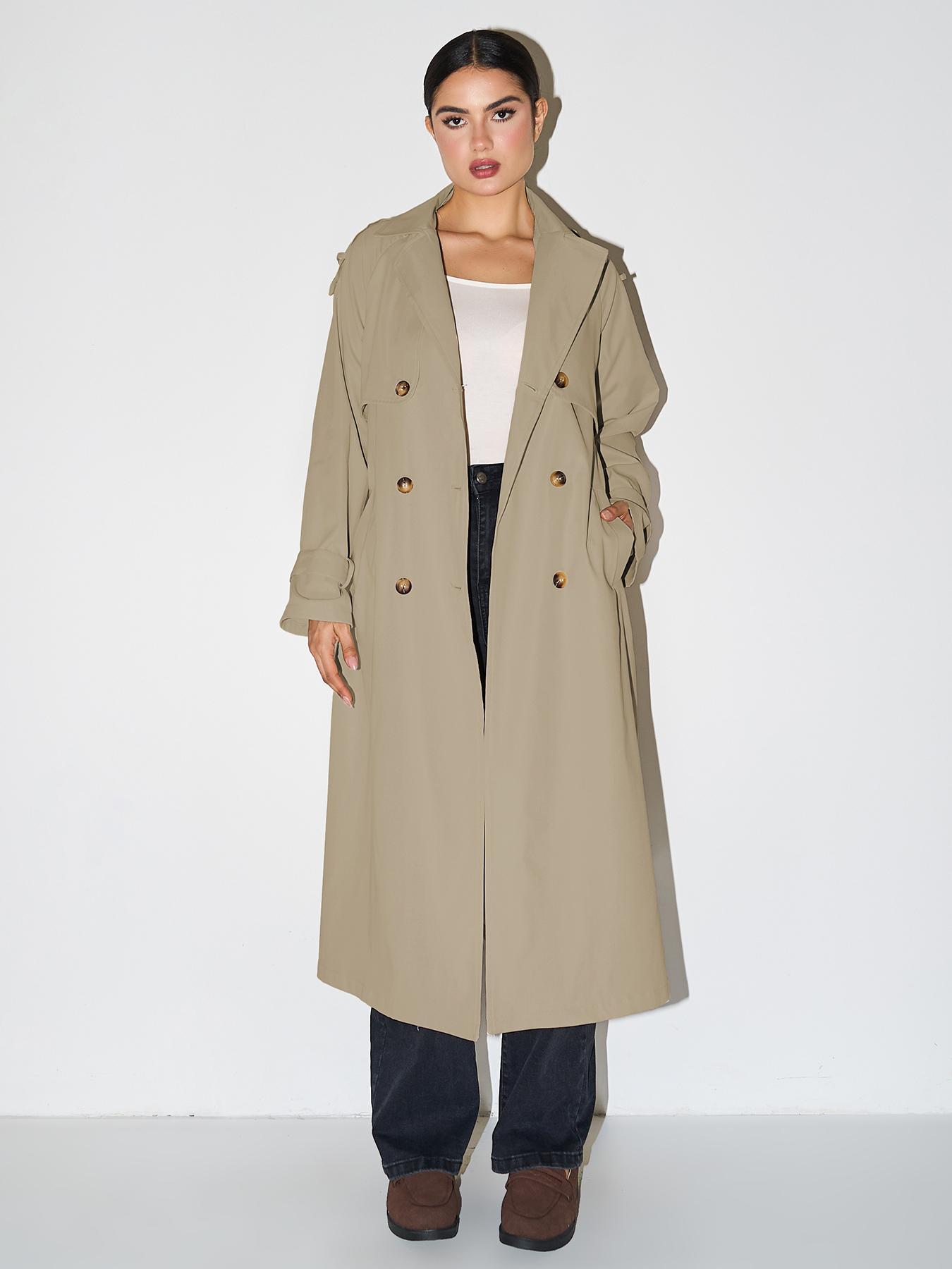Fall & Winter Trendy Solid Color Lapel Double Breasted Waist Tie Trench Coat Jackets