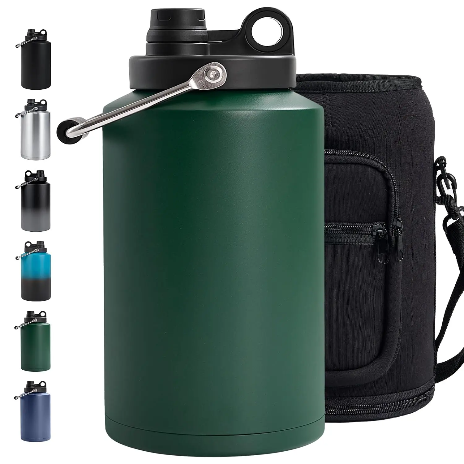 Insulated Gallon Jug with Handle, One Gallon, 128oz Stainless Steel, Large Double Vacuum Water Bottle for Cold Drinks, Wide Mouth, Sweat Proof, Carrier bag, Great for Travel, Camping, Green