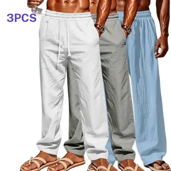 Men’s drawstring elastic waist loose casual pants, 3 pack. Simple, lightweight, breathable, skin friendly, and comfortable. Versatile straight leg fit for everyday wear and seaside outings. Beige summerwins
