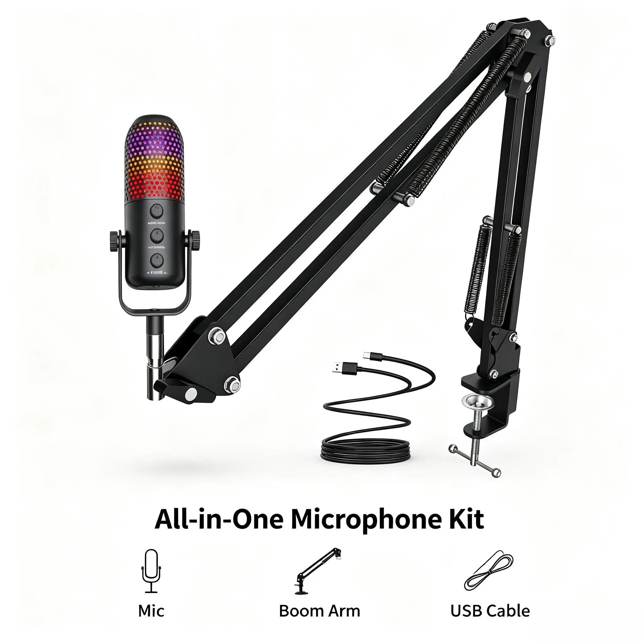 OTG computer gaming microphone set, equipped with RGB ambient light touch mute button and gain control knob, a complete suspension bracket set suitable for streaming media, Youtuber, and gamers, black