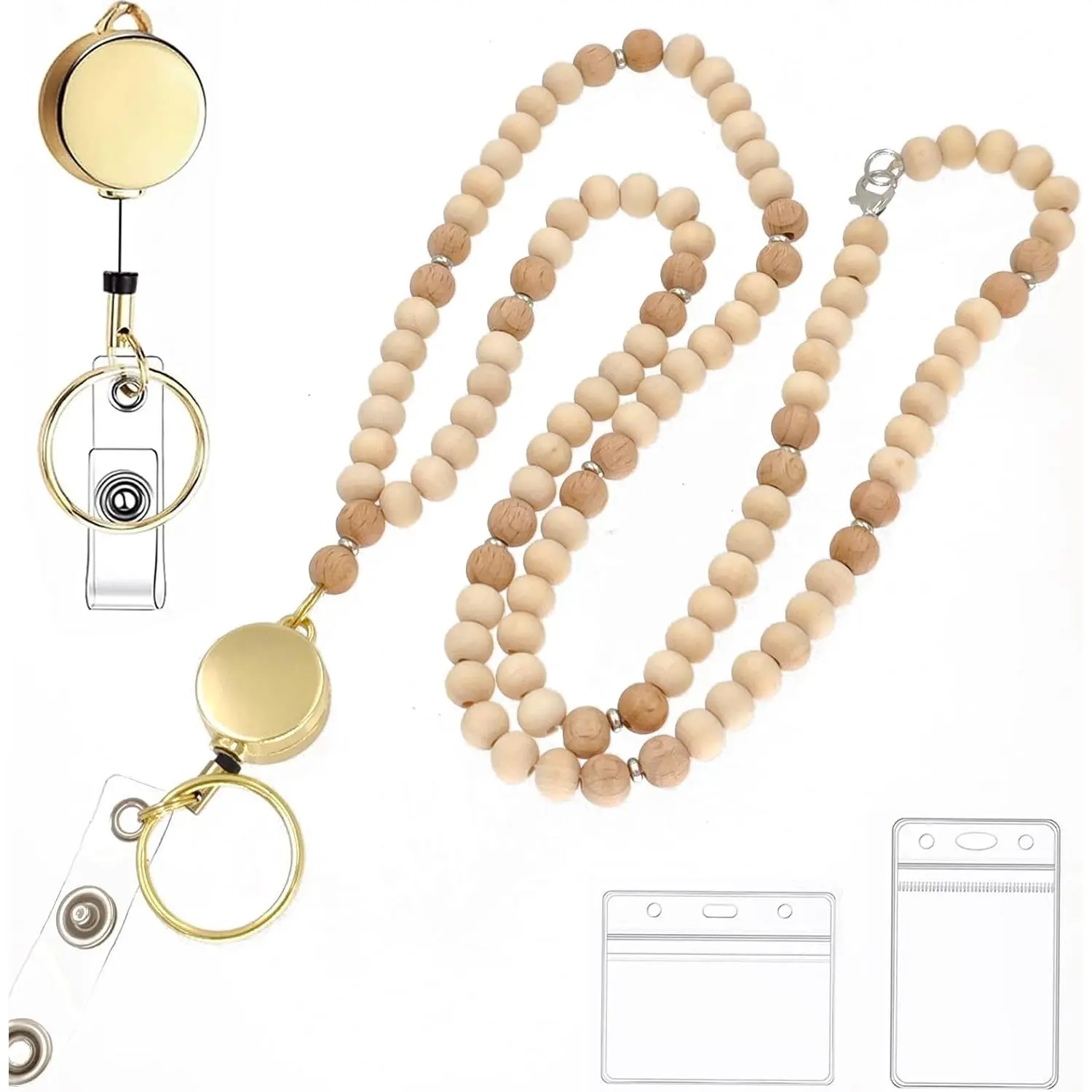 Retractable Lanyards for ID Badges and ,Teacher Lanyard with ID Holder Cute Wooden Beaded Lanyards Reel  Chains Fashion Lanyard String for Women