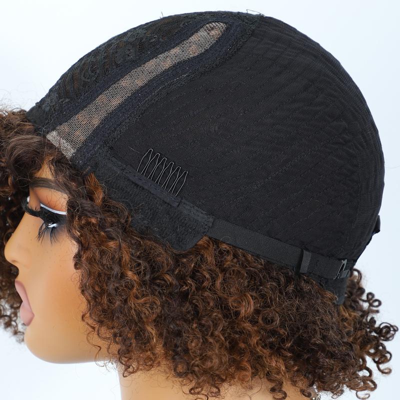 Fashion New 250% density Short Pixie Cut Afro Kinky Curly Bob Wig 4x1 Lace Human Hair Wigs For Women Brazilan Ombre Blonde Highlight Brown Afro Kinky Curly Human Hair Wig With Bangs