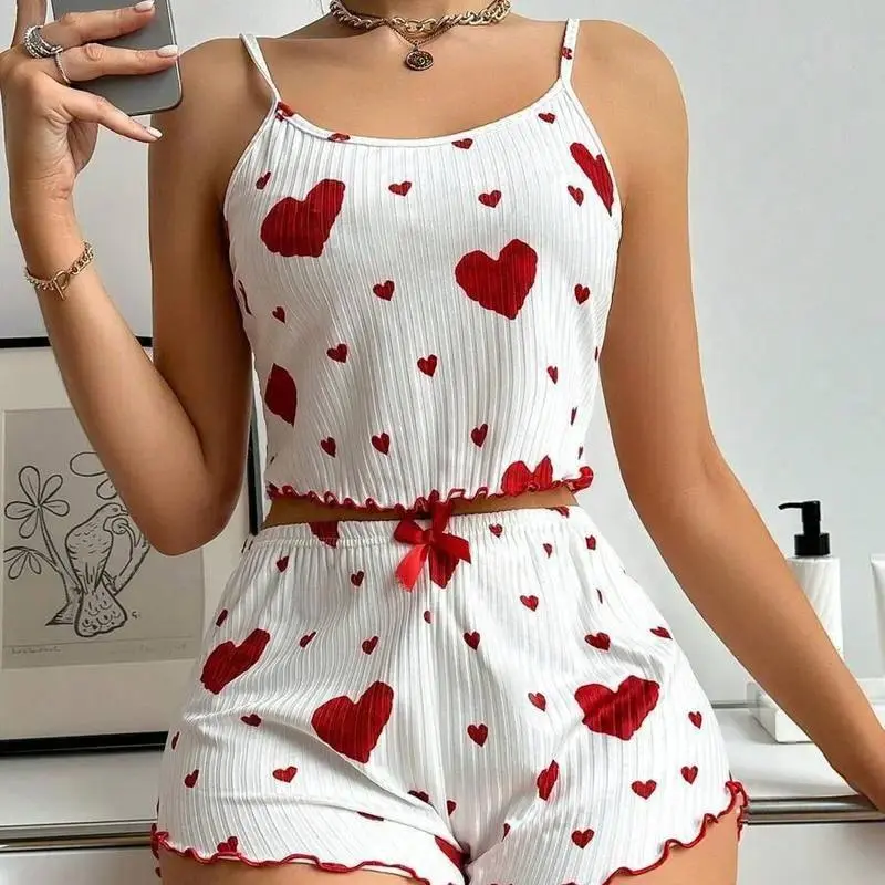Women Two Piece Knit Pajama Set, Trending Soft Breathable Spaghetti Strap Ruffle Loungewear, Cherry Heart Print Polyester Nightwear For Daily Relax Valentine’s Gifting