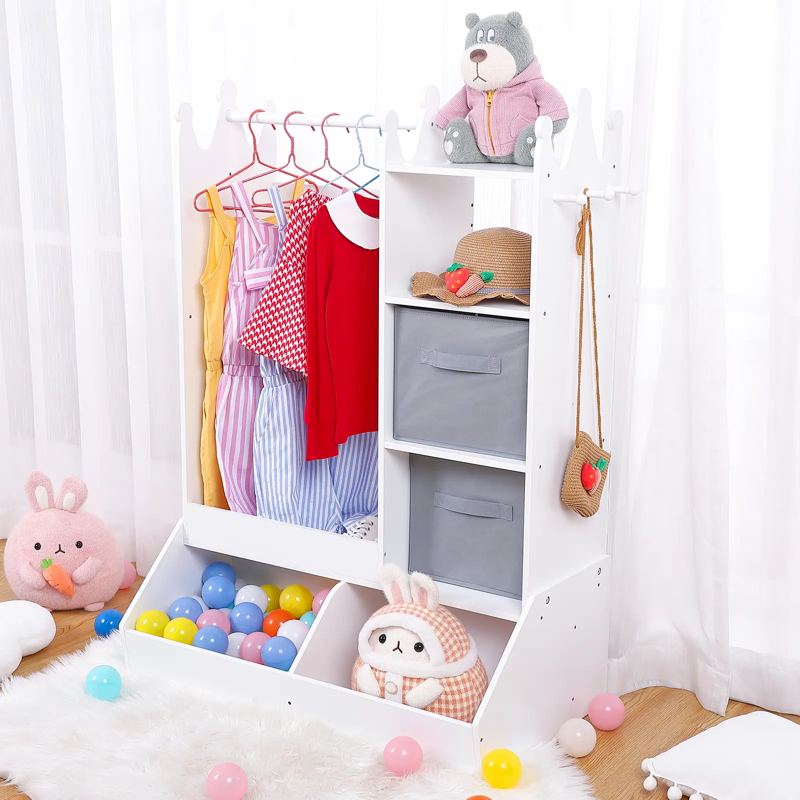 Kids Wooden Wardrobe with Built-In LED Light & Full Mirror, Open Hanging Rod, Storage Bin & Side Hooks, Cute Bedroom Armoire Closet Organizer for Girls