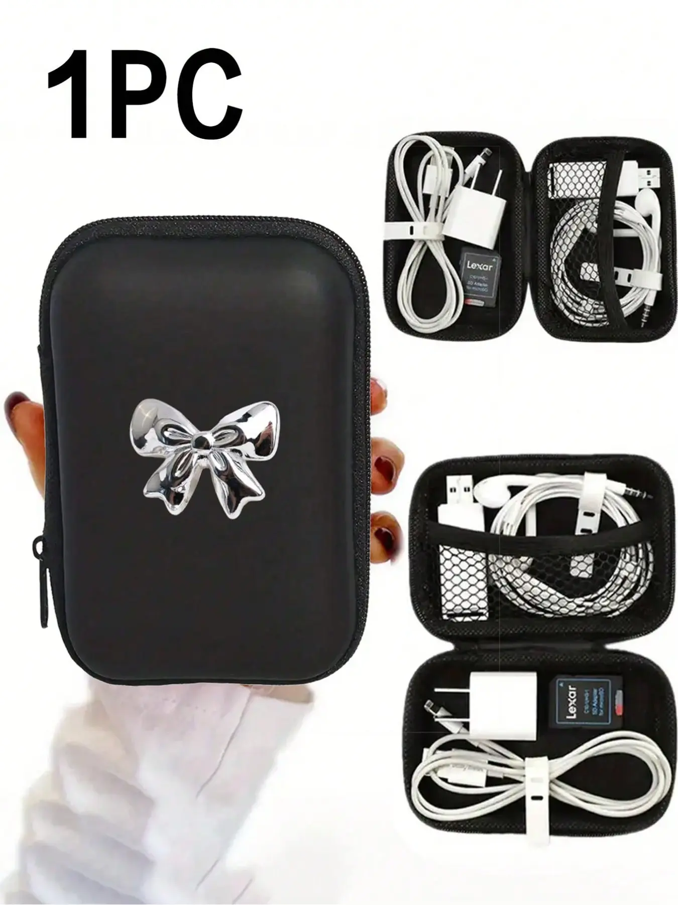 3D Silver Bowknot Mini Storage Bag, Waterproof Eva Hard Shell Camera Case, Shockproof Organizer for Ccd Cameras and Digital Devices