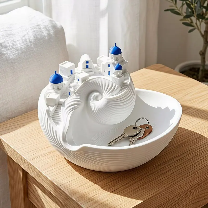 Greek Island Style Key Holder Bowl, 3D Printed Seashell Decorative Bowl, Mini Town Entryway Key Tray, Small Item Storage Dish, Style Ornament