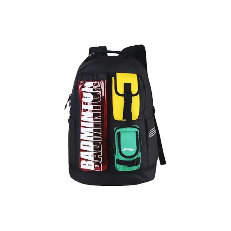 Li-Ning Polyester Badminton Backpack for Men and Women – Multi-Pocket Color-Block Design in Black