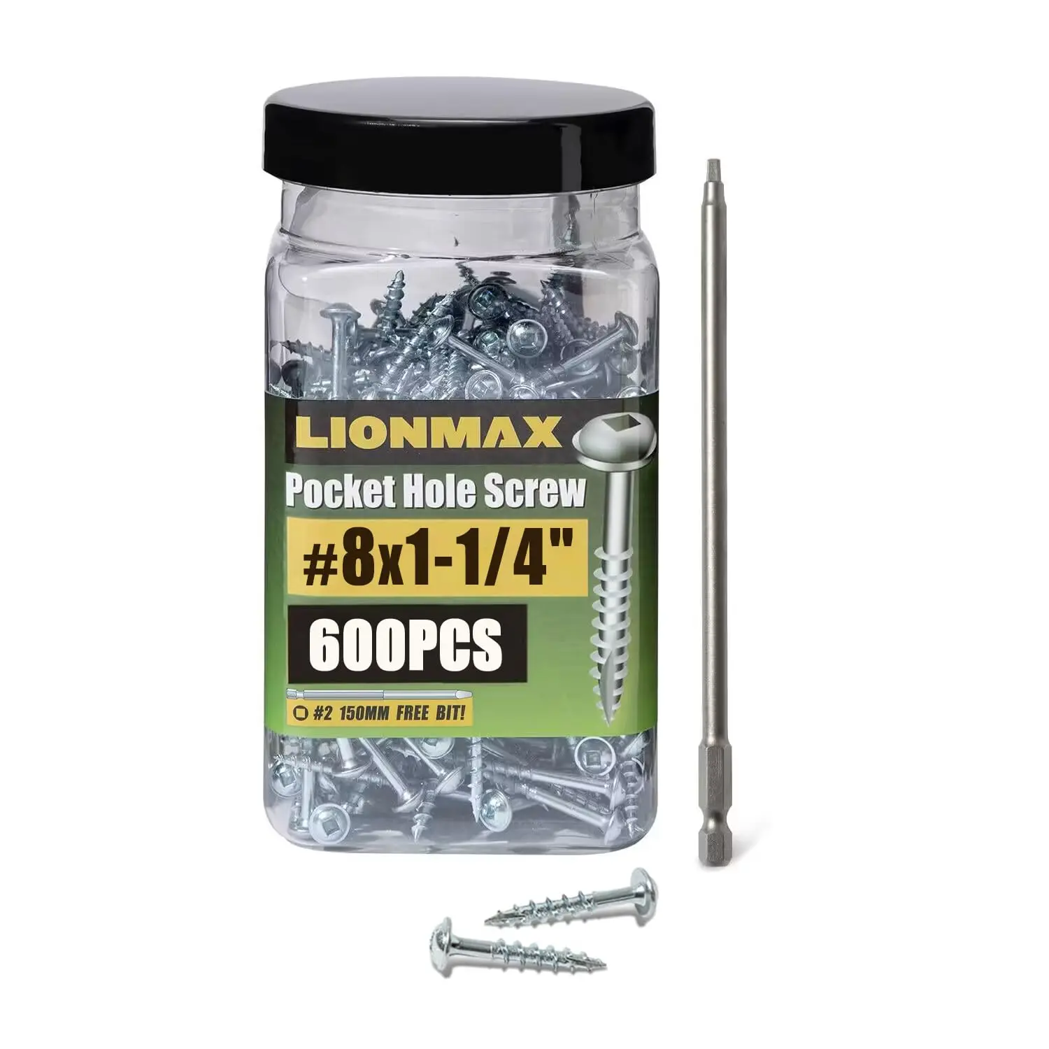 Pocket Hole Screws 1-1/4 Inch, 600 PCS Interior Pocket Screw #8 1-1/4", Coarse Thread, Square Drive, Washer Head, Zinc Plated, 150MM Drive Bit Included