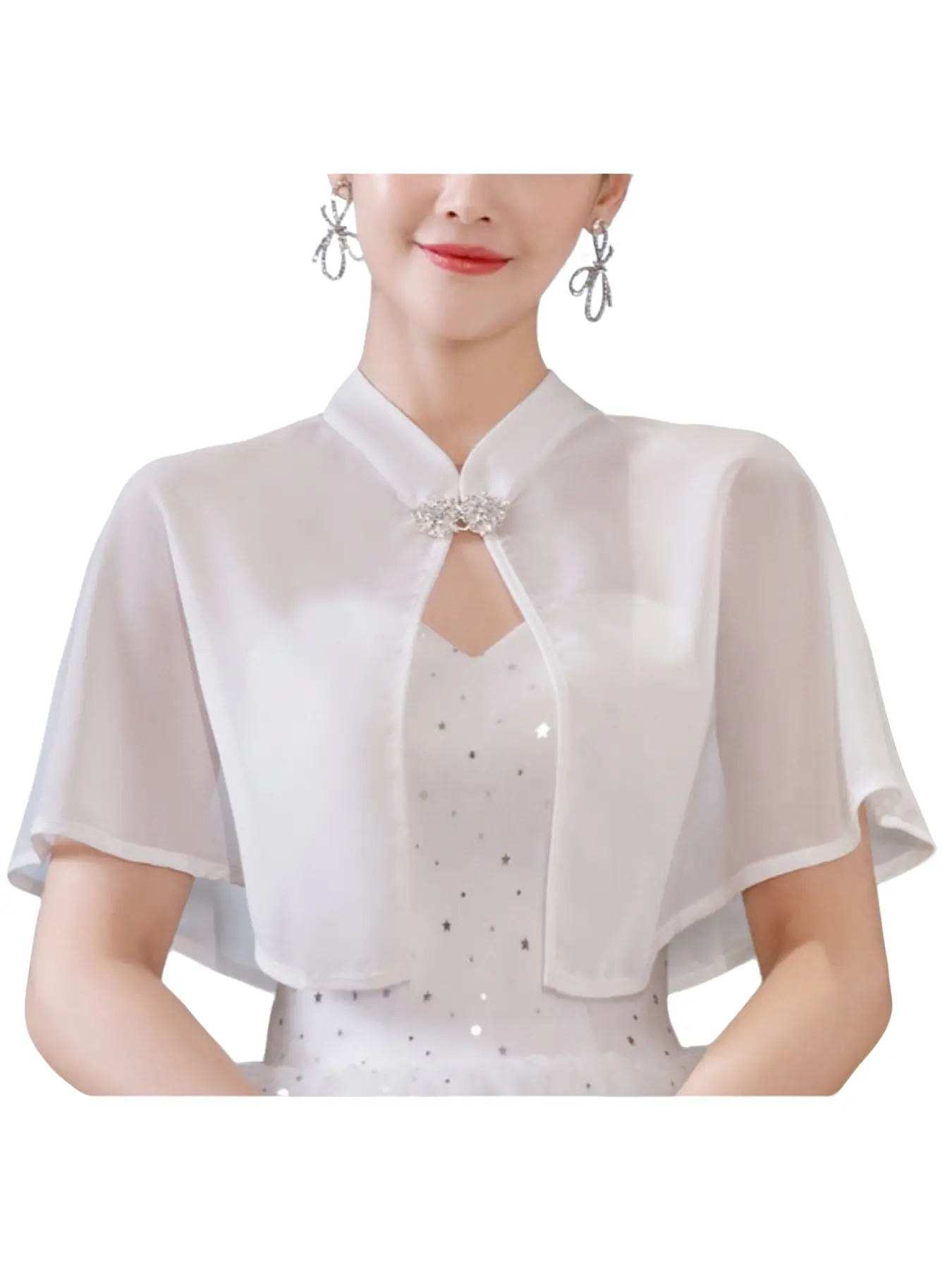 Thin chiffon cape shawl, women's rhinestone buckle, light and thin outer outfit, bride's formal dress, cheongsam photo, paired with a cover up shirt