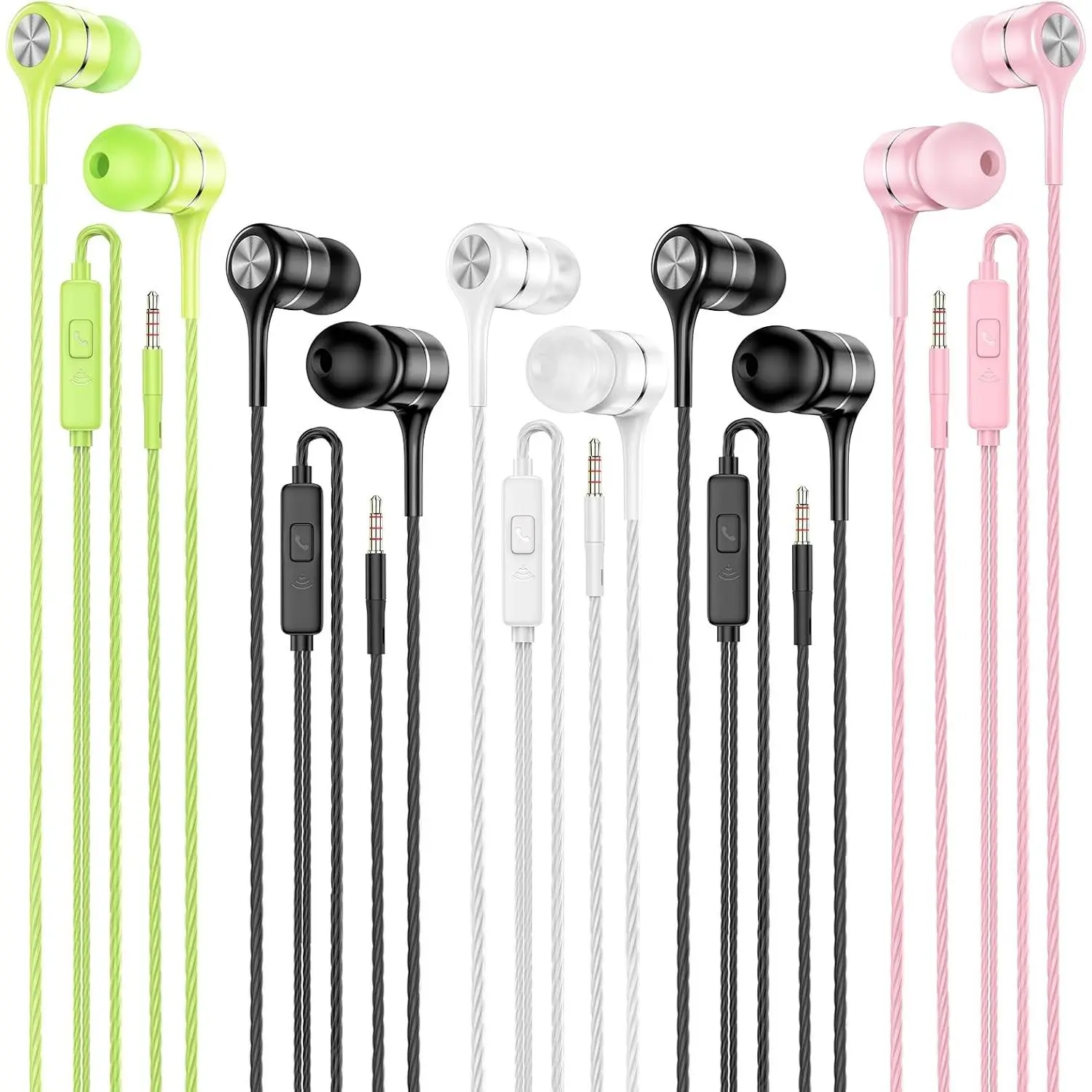 5-Pack Wired In-Ear Earbuds with 3.5mm Plug, Corded Wire, Remote, Durable Build, Stereo Sound, Microphone, Bass-Heavy Audio, Compatible with Android/MP3 Devices (3.5mm Jack Support)