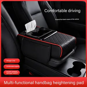 Four-in-One Car Tissue Box Organizer, Armrest Pad with 2 Cup Holders, Armrest Height Riser, Suitable for Storing Tissues, Phones, and Water Bottles, All-Season Car Armrest Pad