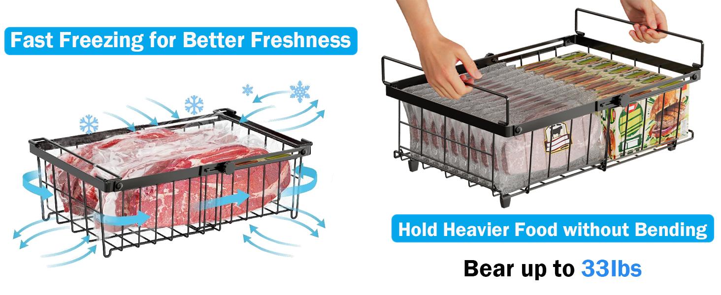 Freezer Organizer Bins, 2 Pack Expandable Stackable Chest Deep Freezer Organizer Bins, Foldable Freezer Baskets with Handles, Freezer Bins for 5 - 20 Cu.Ft Deep Freezer, Black