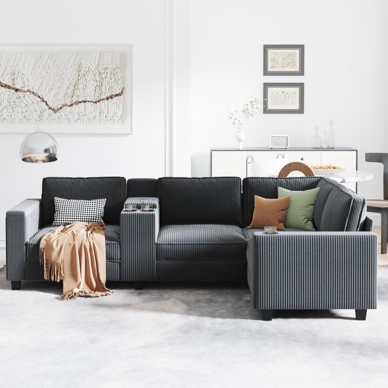 L-shaped 6-seater 133.4'' * 94.4'' Corduroy Sofa, Large Storage Armrests with Center Console, USB Charging, Left and Right Seats Can Be Switched Couch