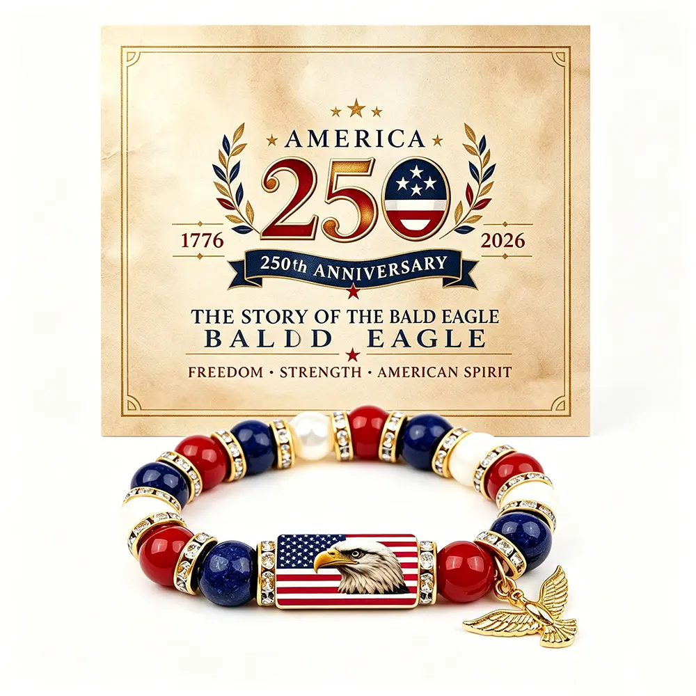 Pc 250th Anniversary Charm Bracelet, Stretch Beaded Design With Red‑White‑Blue, Eagle Plate &‑Tone Eagle Pendant, Patriotic & Festive Style, Unisex Statement Wrist Bracelet, Teens & Adults For Independence Day & Holiday Celebratio