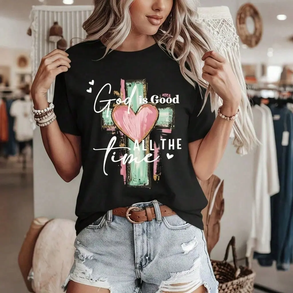 Women's 100% Cotton Short-Sleeve Round Neck T-Shirt, Breathable Fabric Religious Graphic Tee, Casual Loose Fit God Is Good All The Time Print Christian Top, S-5XL Sizes, Shortsleeve, Tshirt, Soft, All Seasons, God Is Good Print, Loose-Fitting, Piece, Lett