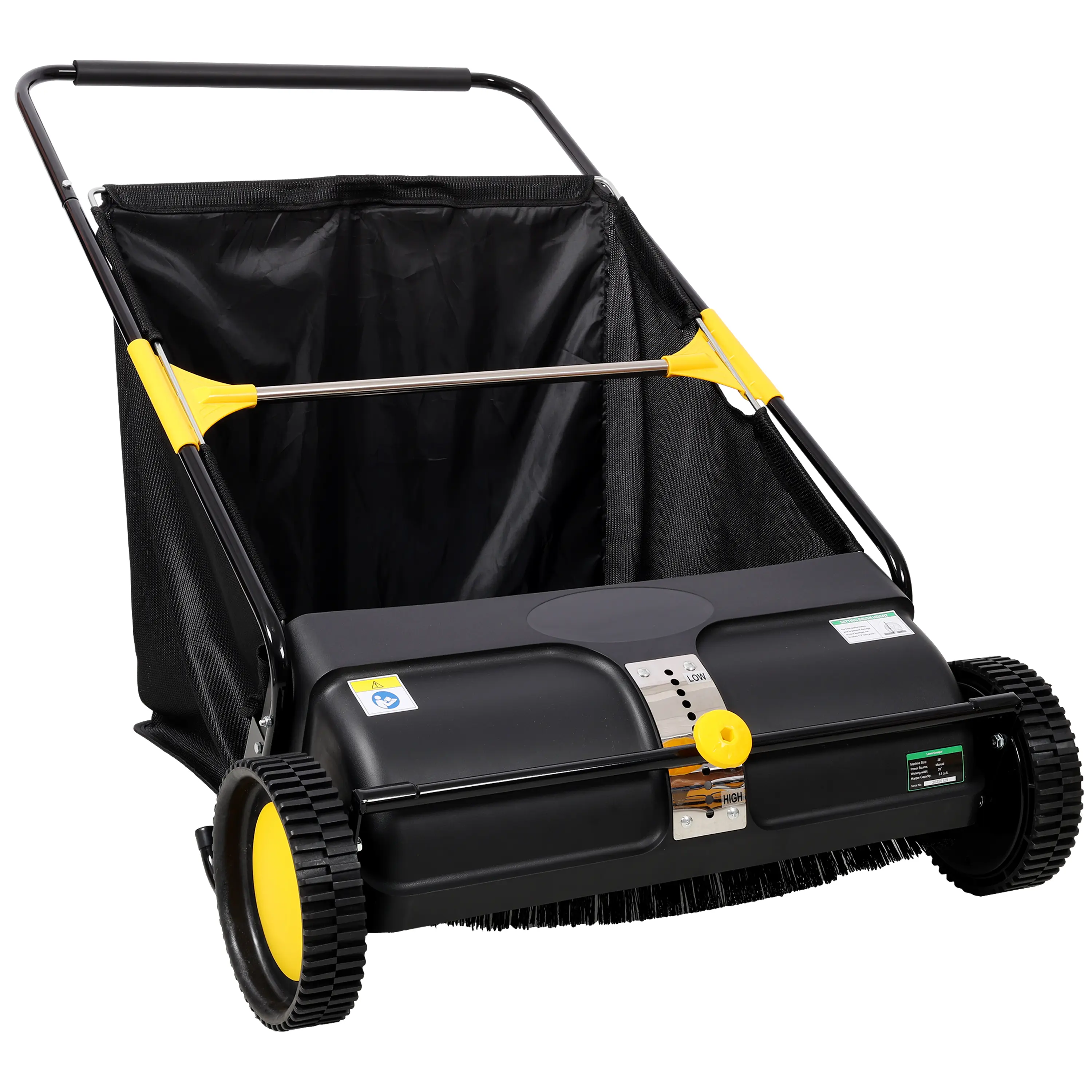 ARCH 26 Inch Hand Push Lawn Sweeper for Yard Leaf & Grass Collector with 7 cu ft Hopper Bag, Adjustable Brush Height, ABS+Steel Construction, Black, for Sidewalk Driveway Garden, Easy Assembly & Storage, Black Color Options, ABS+Steel(Q235) Material