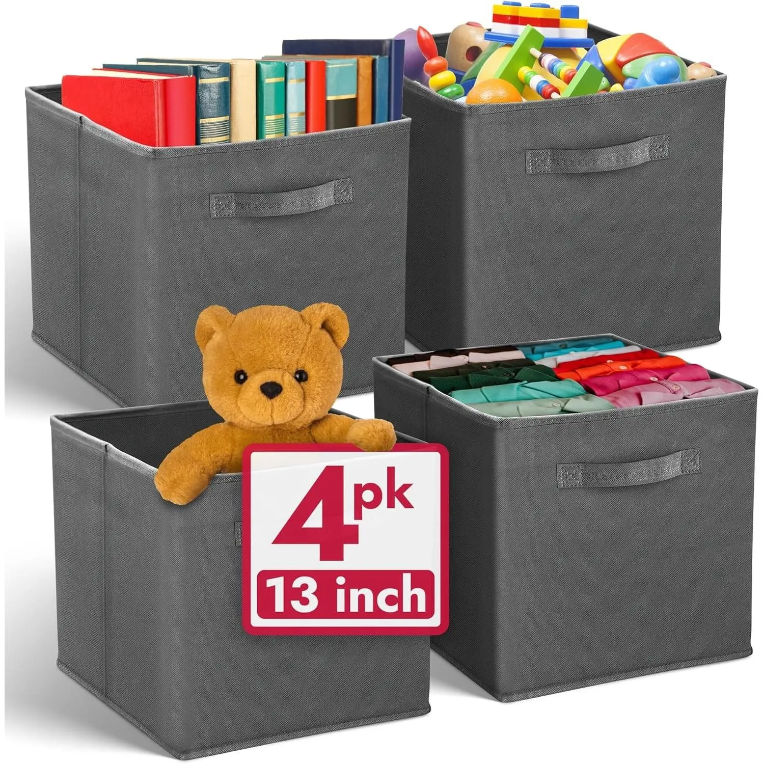 13x13x13 Storage Cube Bins (4 Pack) | Large Cube Organizer Bins | 13x13 Fabric Storage Boxes | Fits Kallax | Collapsible, Foldable Fabric Cubby Box (Square) | Kids Room Organization (Dark Gray)
