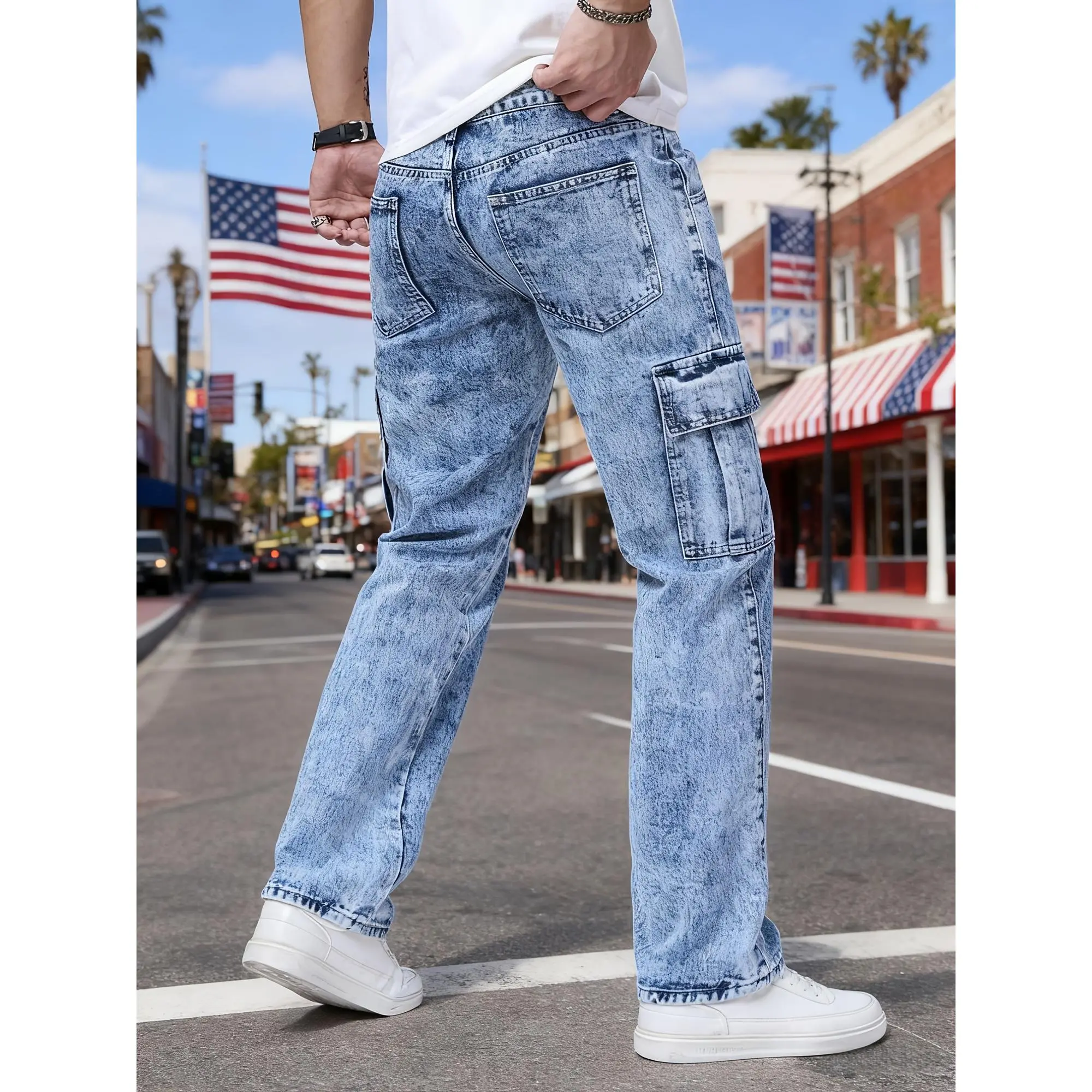 Men's Straight-Leg Cargo Jeans - Casual Fashion Denim, Nondistressed, Loose, Normal Type, Foldable, Durable Woven Full-Length Pants with Multiple Pockets, All-Season Casual Streetwear, Machine Washable