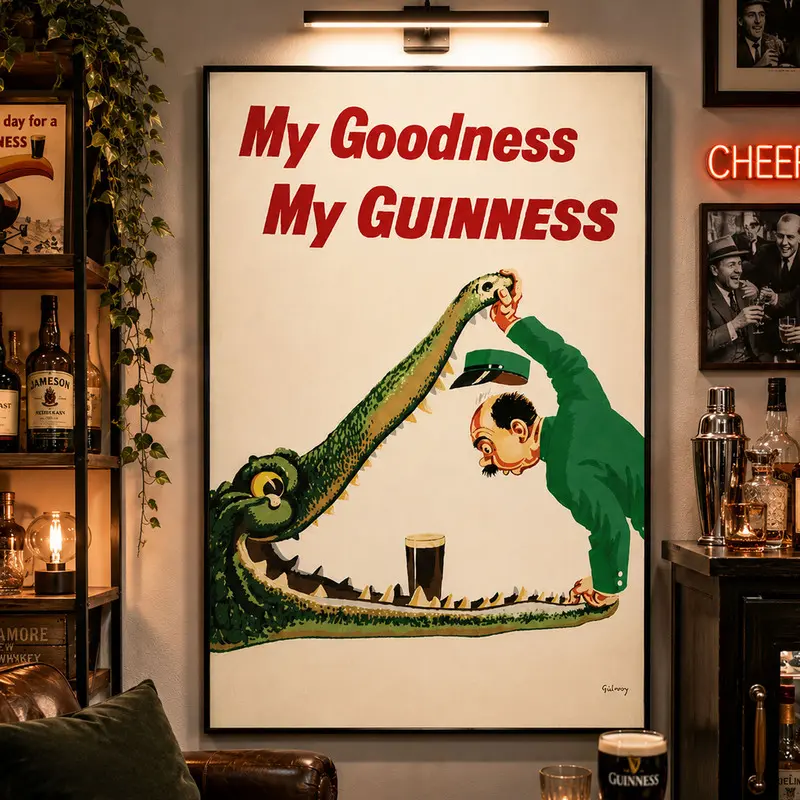 Vintage John Gilroy Guinness Crocodile Wall Art, Retro Irish Beer Advertisement Poster, Classic Pub Decor Print, Brewery Vintage Artwork, Irish Bar Wall Decor, Collector Beer Poster, Man Cave Wall Art, Retro Advertising Print