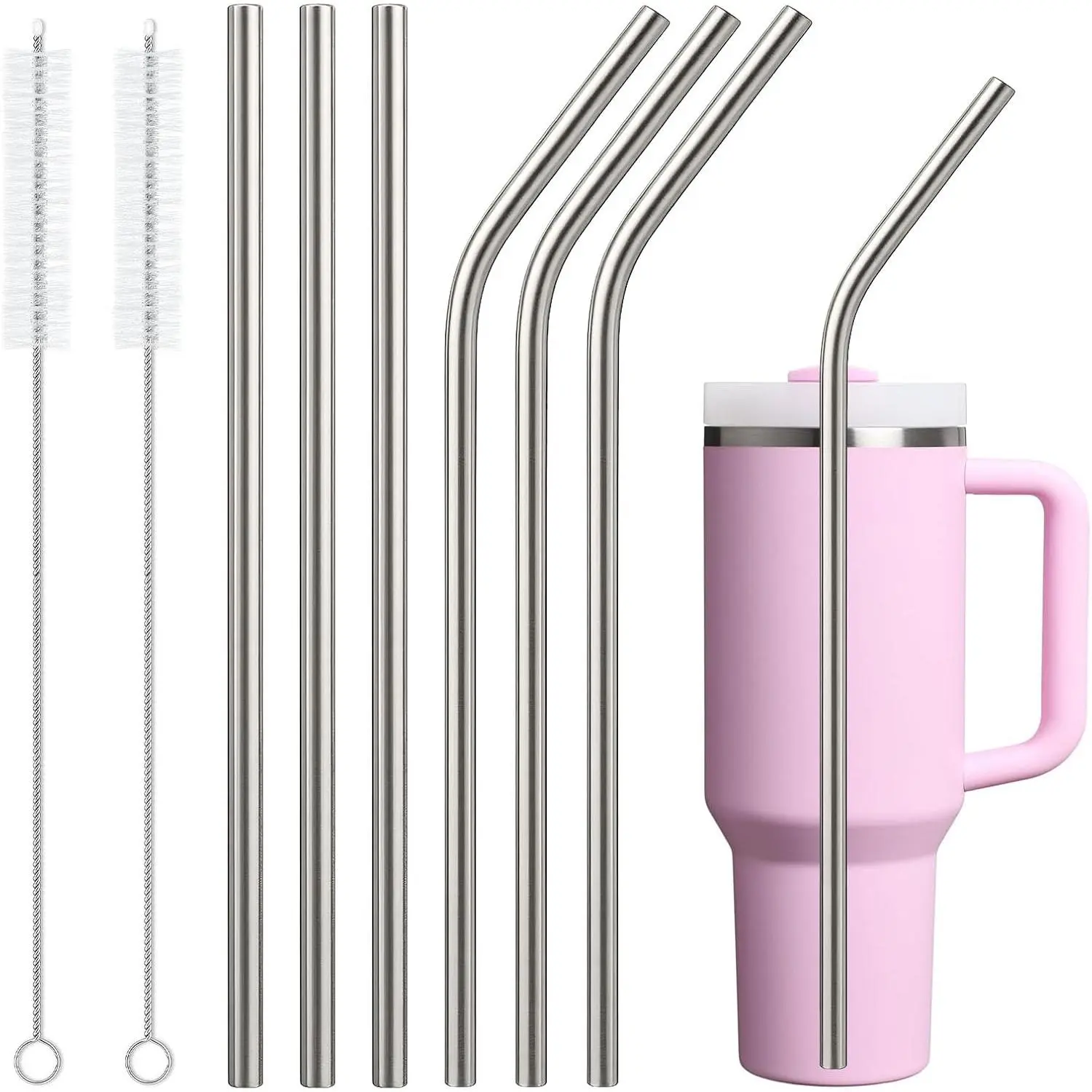 6 Pack Stainless Steel Straw  for  40 oz 30 oz Tumbler,3 Straight + 3 Curved   Metal Straws with Cleaning Brush, 12Inch Long Drinking  Accessories