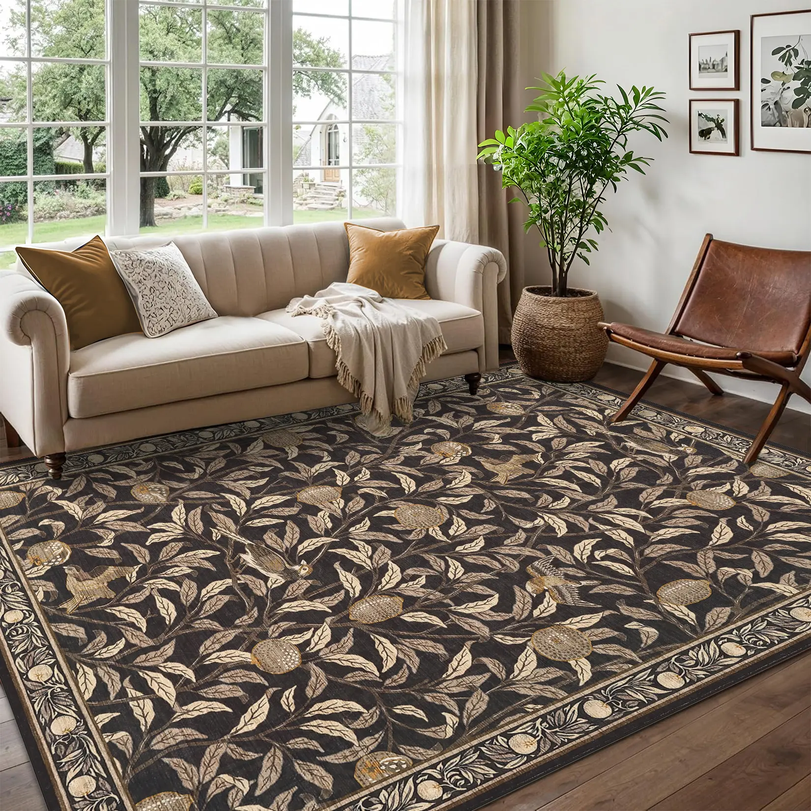 Vintage Botanical Area Rug, Leaf Print Washable Rug, Non Slip Low-Pile Indoor Carpet for Living Room Bedroom Dining Room, Ultra Thin Stain Resistant Large Home Decor Rugs