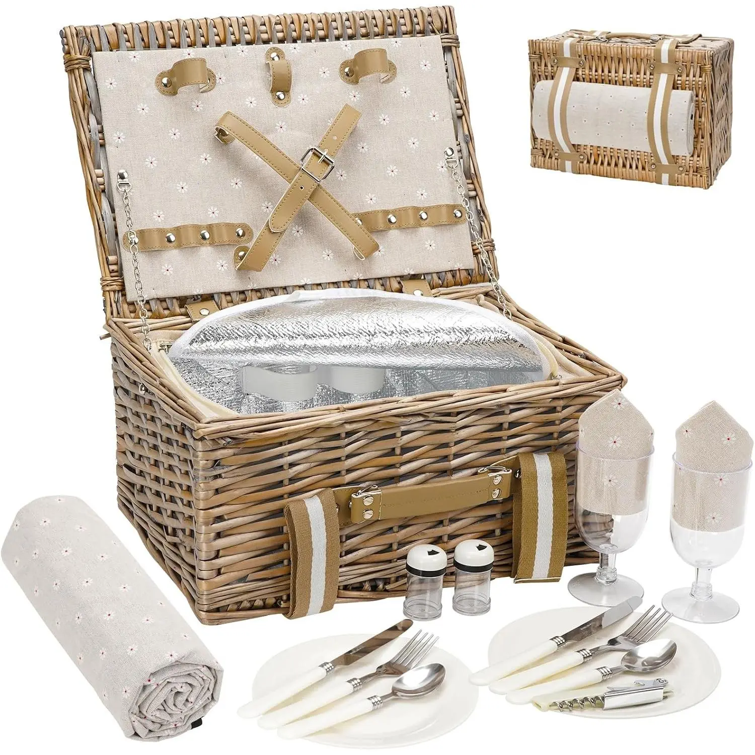 Picnic Basket for 2 - Wicker Picnic Set with Waterproof Blanket, Large Picnic Hamper with Insulated Cooler & Cutlery Kit for Couples Camping, White Flower, 15x11x7.5inch