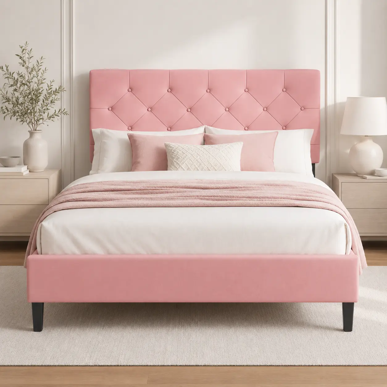 Bed frame, fabric platform bed frame with upholstered headboard, faux leather bed frame with tufted button detailing, available in single, double and king sizes, compatible without box spring mattresses, easy to assemble