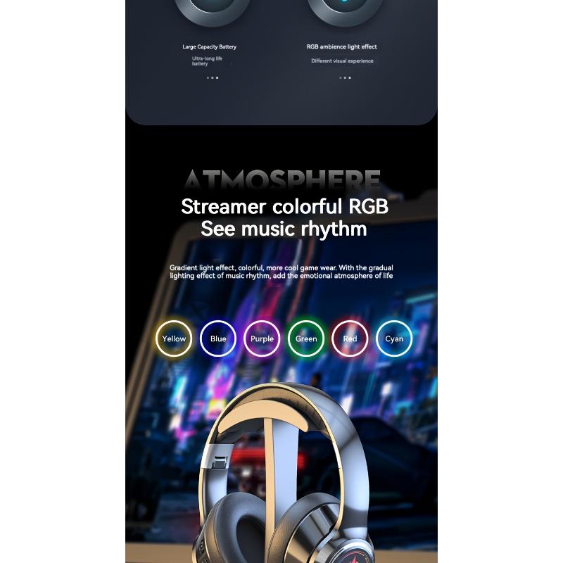 Extra-long Standby 200 Hours Gaming Headset, With LED Lights, Wireless 5.0 Chip, 99D Surround Sound, Noise-cancelling Voice, Push Button Volume Control, Type-C Plug, Rechargeable Lithium Polymer Battery, Mobile Phone Compatible, Video Game