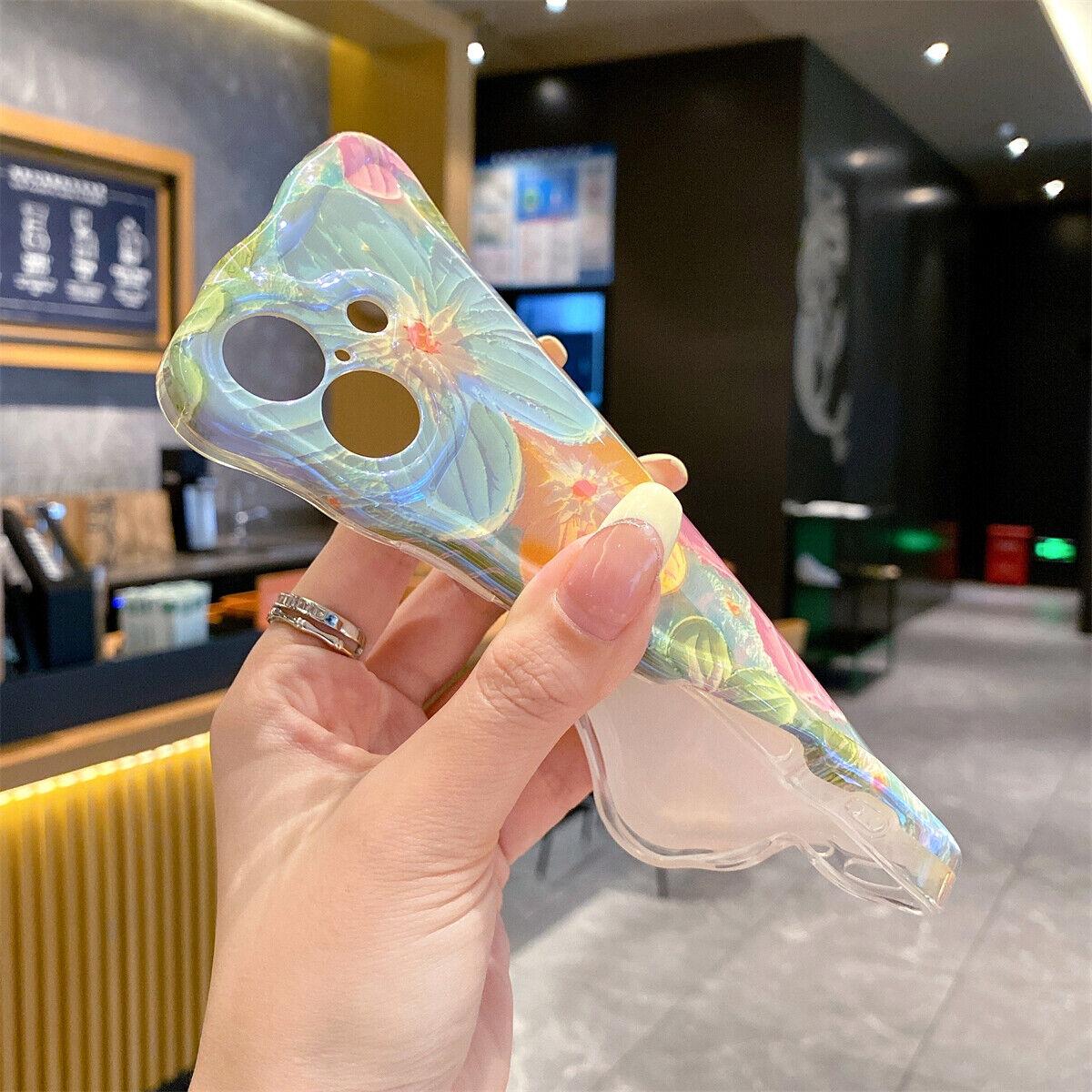 Case for iPhone 16 15 Pro Max 14 13 12 11, Colorful Retro Oil Painting Flower Cute Floral Aesthetic Curly Laser Glossy Reflective Exquisite Stylish Cover Girly Women Wave Frame Edge Exquisite Phone Cover Stylish Durable TPU Protective Case