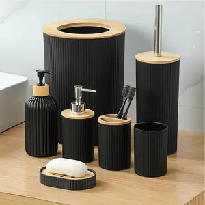 Matte Bathroom Countertop Storage Set with Bamboo Lid, Modern Minimalist Style, Complete Accessories Kit for Bathroom Organization