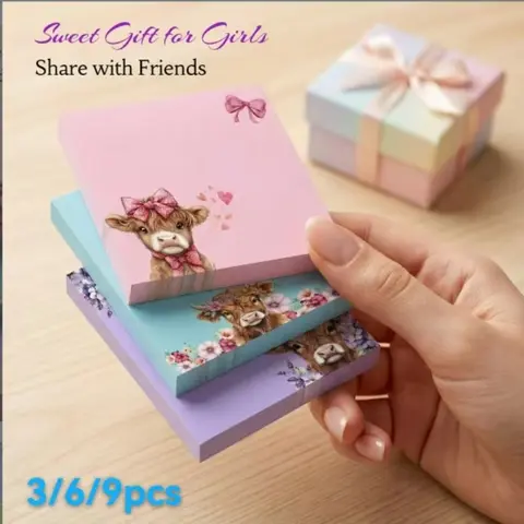 Highland Cow Sticky Note Set, Aesthetic Memo Pad Gifts for Girls (3 X 50 Sheets), Cute Cow Design, Fun Office, Work, School & Study Supplies, Reminders, Sticky Notes Stationery