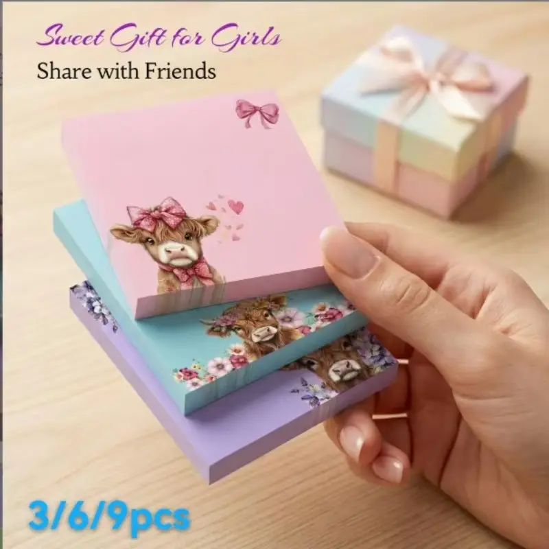 3/6/9 This is a package of highland cattle post-it notes, cute aesthetic memos (3x50 sheets), interesting office school supplies and stationery post-it notes.