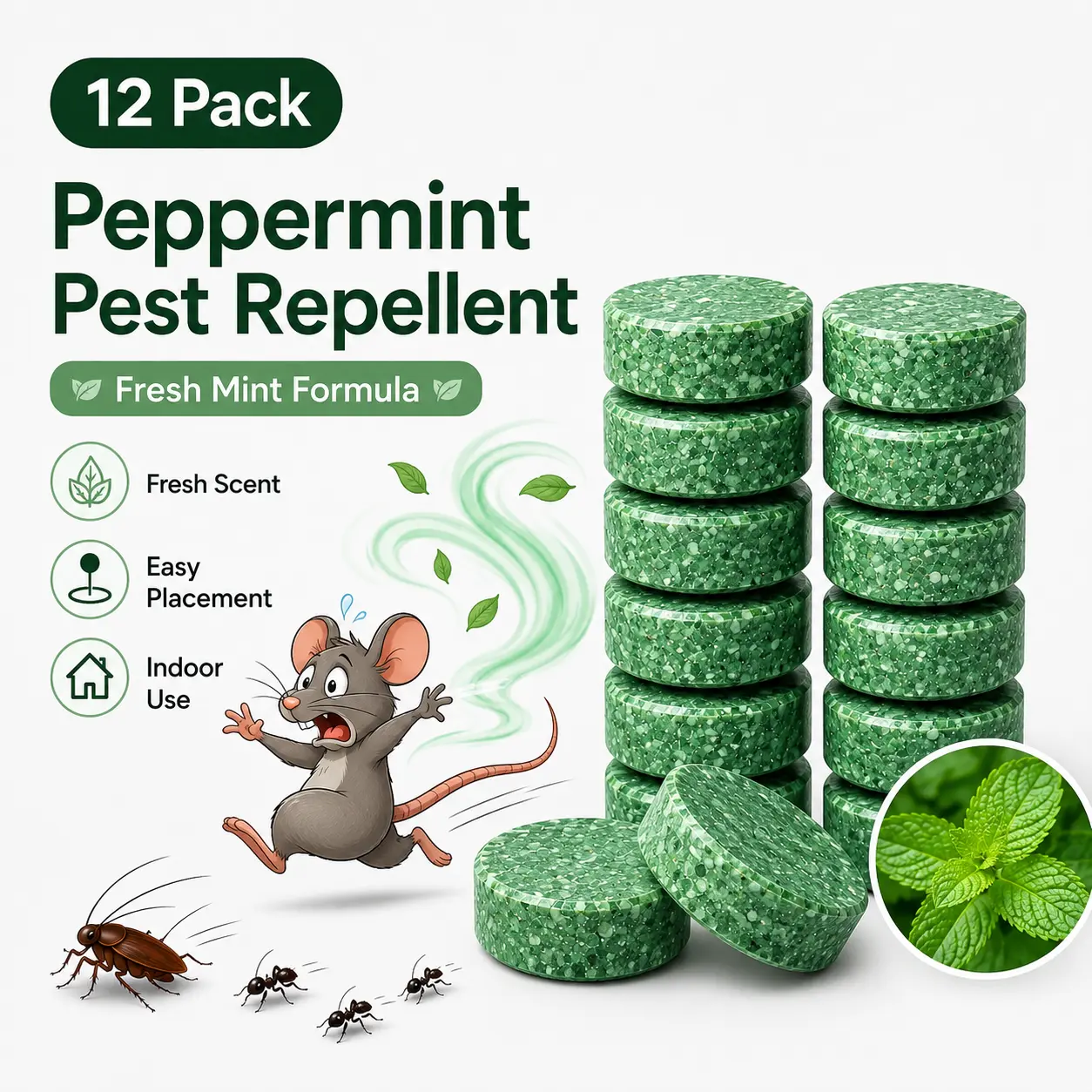 12-Pack Natural Peppermint Oil Pest Repellents - Fast-Acting, Eco-Friendly, Cost-Effective, User-Friendly, Long-Wearing Multi-Insect Formula for Closets, Sheds & Basements, Roach Repellent for Other Major Cockroach Species, Mouse Rat Deterrent, Mice Repel