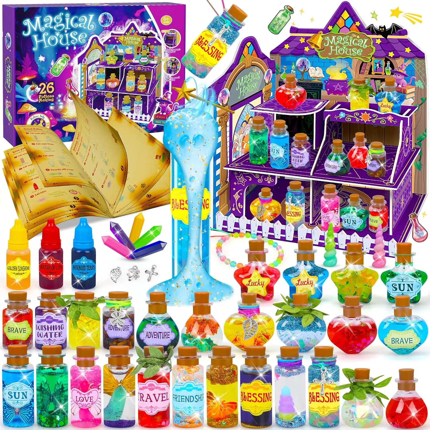 Fairy Magic Potions Kit for Kids, with Magical House, 26 DIY Mixed Magic Wizard Potion Bottles, Mystery Potions Craft Kit, Christmas Decorations Birthday Gifts for Age 6 7 8 9 10+ Year Old Girls Boys