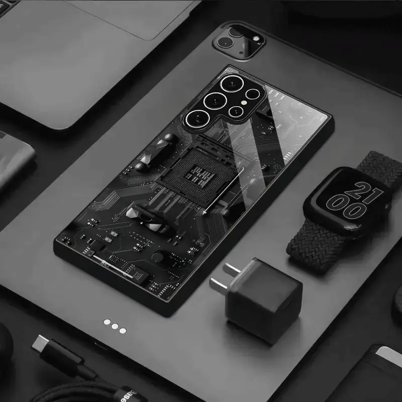Premium Tempered Glass Phone Case with a Tech Chip Pattern, Featuring a Minimalist And Stylish Look .Gift. S26 S25 S24 S23 S22Pro S21 S20 Fe Plus Ultra Pro A56 A55 A54 A53 A52 A51 A36 A35 A34 A32 A26 A25 A24 A23 A16 A15 A14 A06 A05 A03s, Accessories, Smar