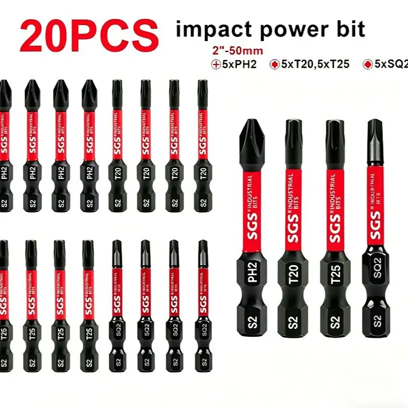 20Pcs 50mm S2 Steel Magnetic Impact Bit Set, PH2/T20/T25/SQ2 Mixed Screwdriver Bits, Anti-Rust Shockproof for Construction, Auto & DIY Tools