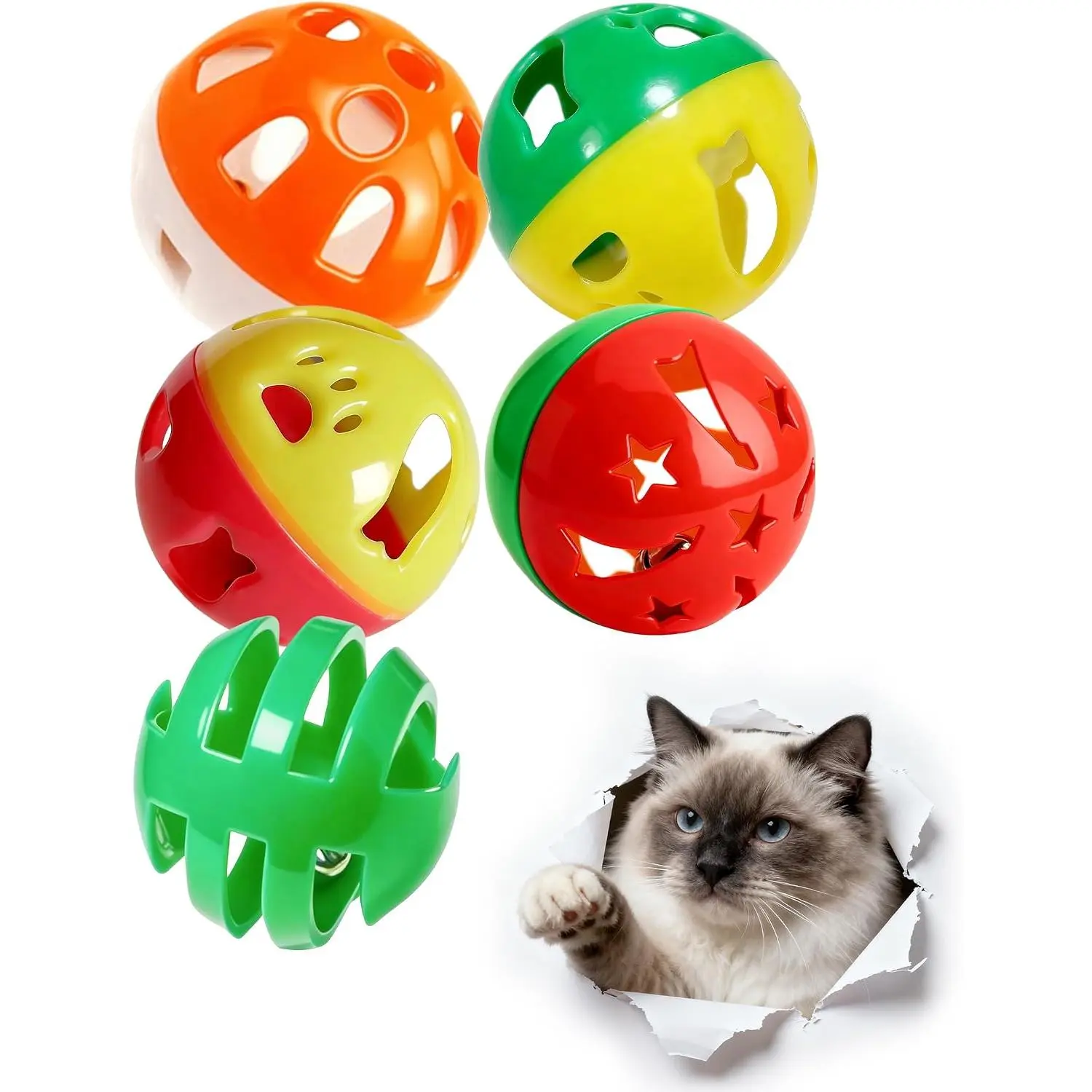 5 Pack  Toys for Indoor Cats, Kitten  Balls with Bells | Hollow Plastic Ball Toys for Kittens, Adults & Indoor Play