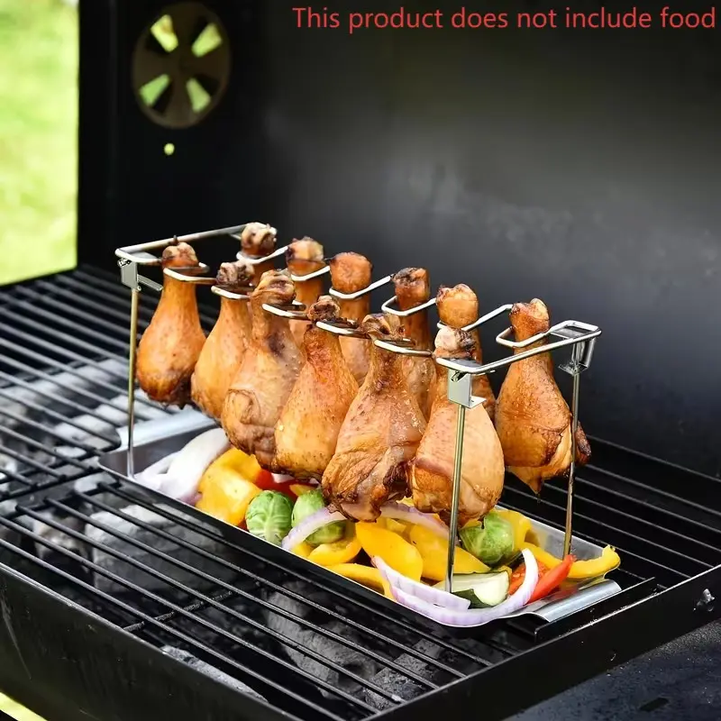 1 Set Foldable Stainless Steel Chicken Leg & Wing Rack with Drip Tray, Vertical Roaster for Smoker, Grill & Oven, Kitchen & BBQ Accessory, Great for Picnics, Camping, Grilling & Cooking - Easy to Store