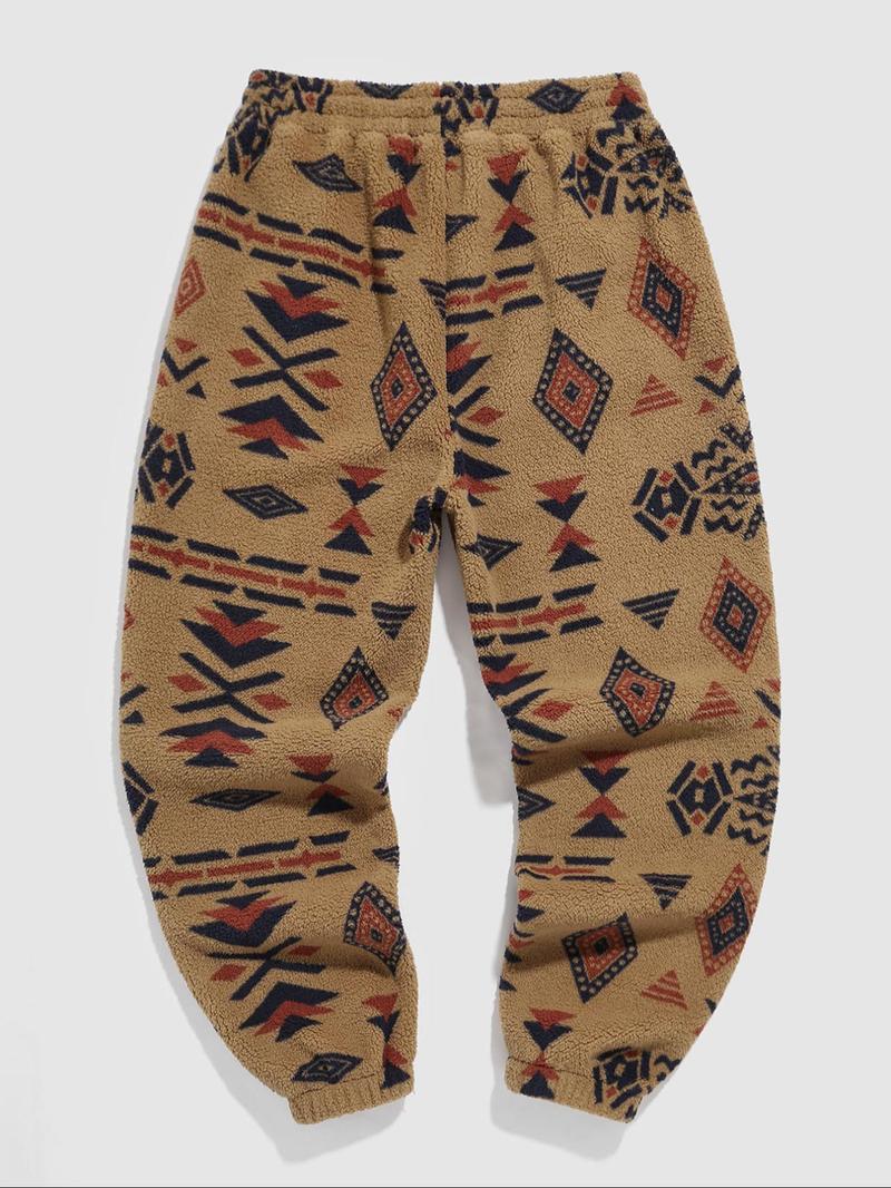 Men's Random Ethnic Pattern Drawstring Waist Thermal Pants, Loose Casual Pocket Design Bohemian Street Trousers for Fall & Winter, Men's Bottoms for Daily Wear