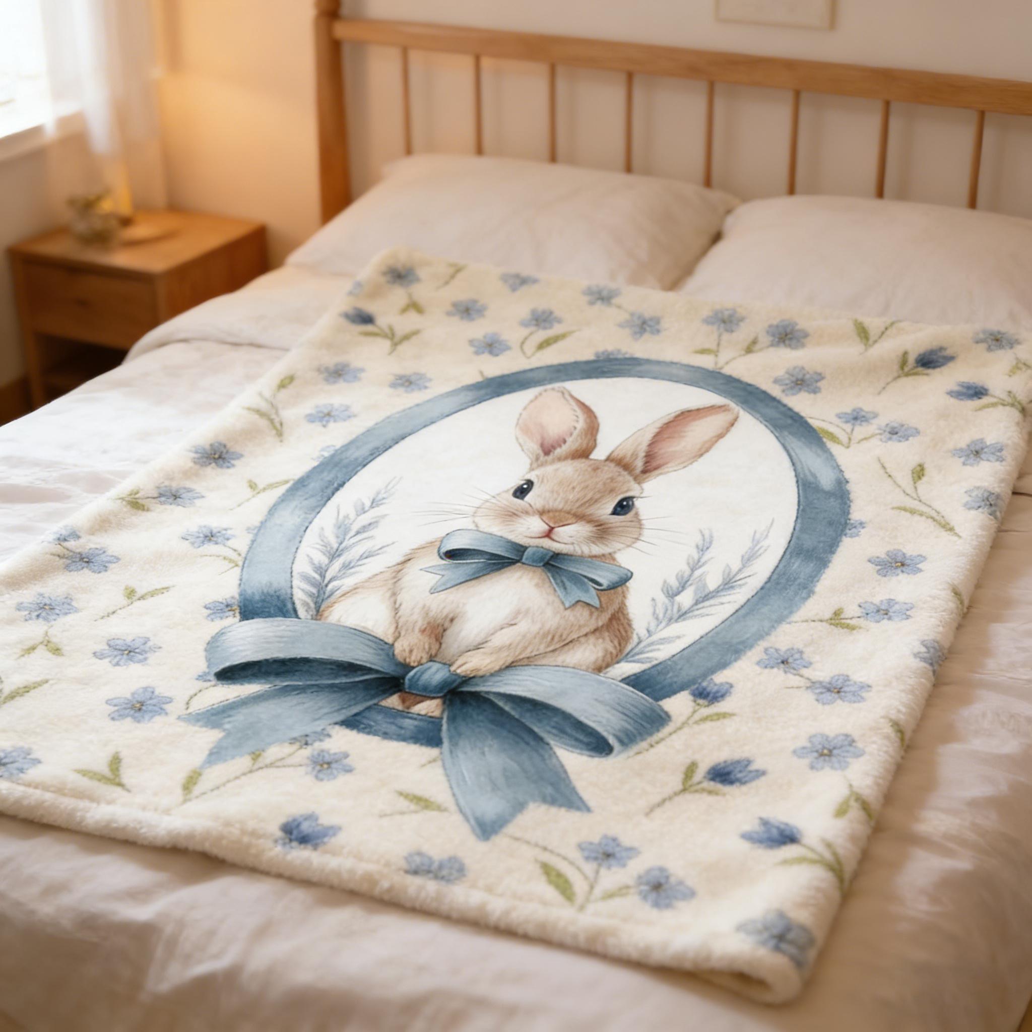 Cute Easter Bunny Fleece Blanket, Watercolor Blue Floral Rabbit Throw Blanket, Soft Cozy Flannel Blanket for Couch Bed, Aesthetic Spring Easter Decor, Warm Plush Blanket for All Season, Perfect Easter Gift for Women Girls, Cute Rabbit Home Decor Blanket