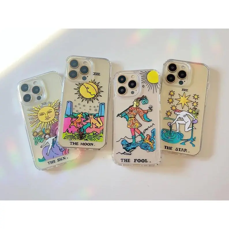 The psychedelic-style illusion Tarot card suitable for iPhone 17 Pro Max, Air 16, 15, 14, 13, 12, 11 Pro Max Plus / Samsung Galaxy, S25, S26, S24 Ultra, FE, Glossy phone case. It features a modern style and patterns of stars, moons and suns, m cute cover