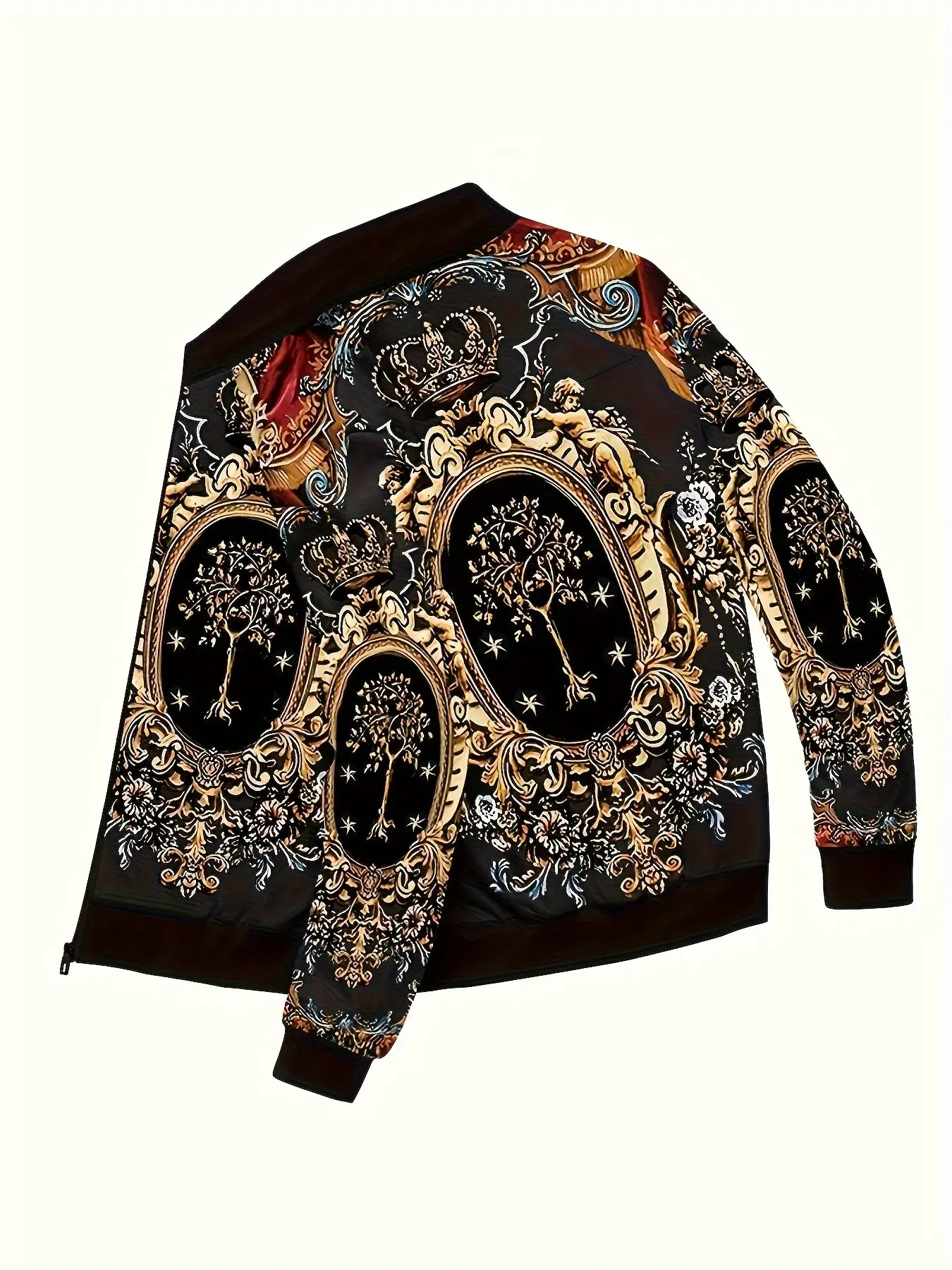 Men's Stand Collar Zipper Jacket, Vintage Baroque Crown Floral Print, Lightweight Luxury Casual Streetwear Outer Coat, Fall & Winter