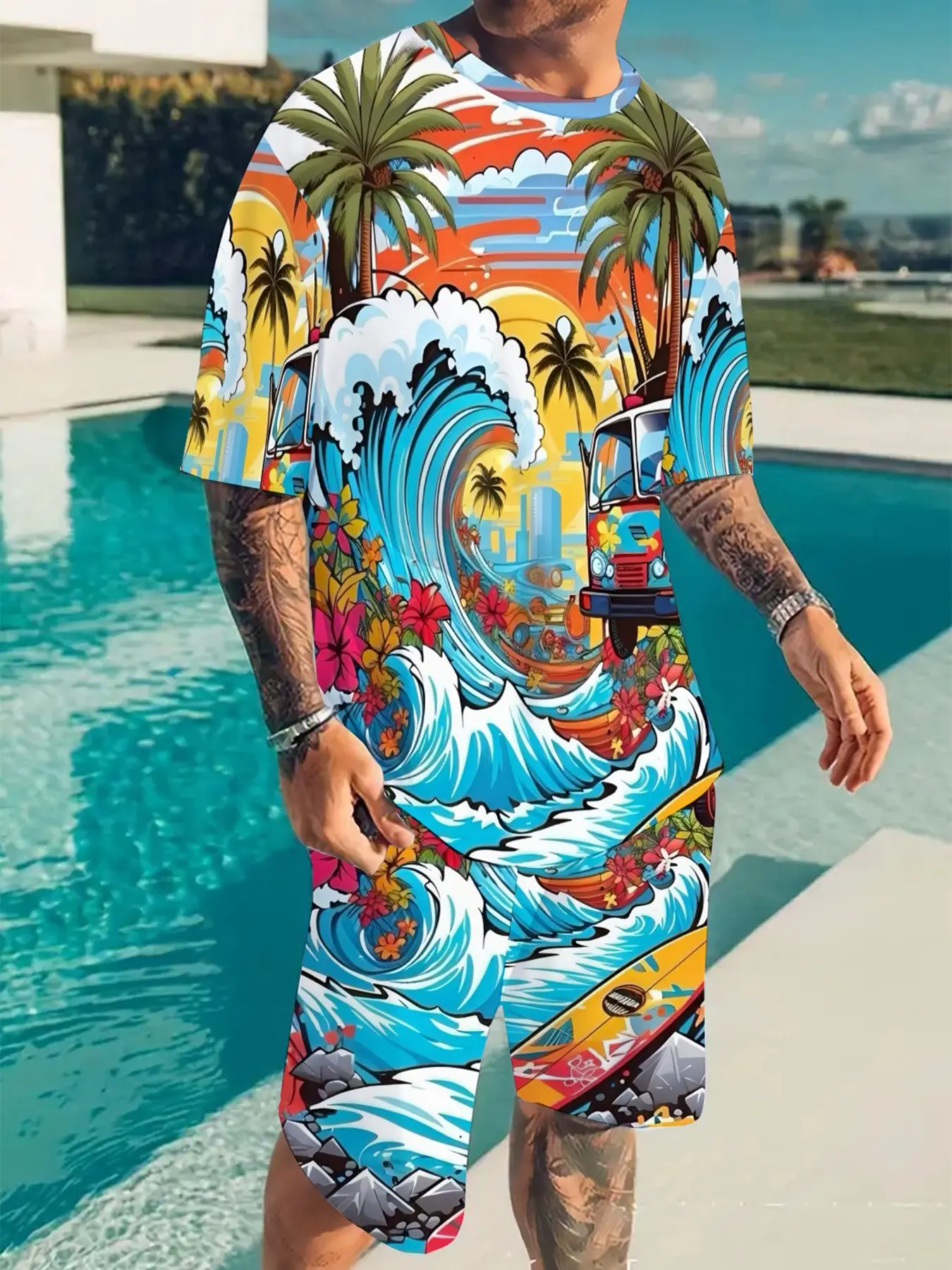 Men's 2-Piece Surfing, Tropical Palm Tree Print T-Shirt & Solid Drawstring Shorts, Quick-Dry, Beachwear, Gym, Casual