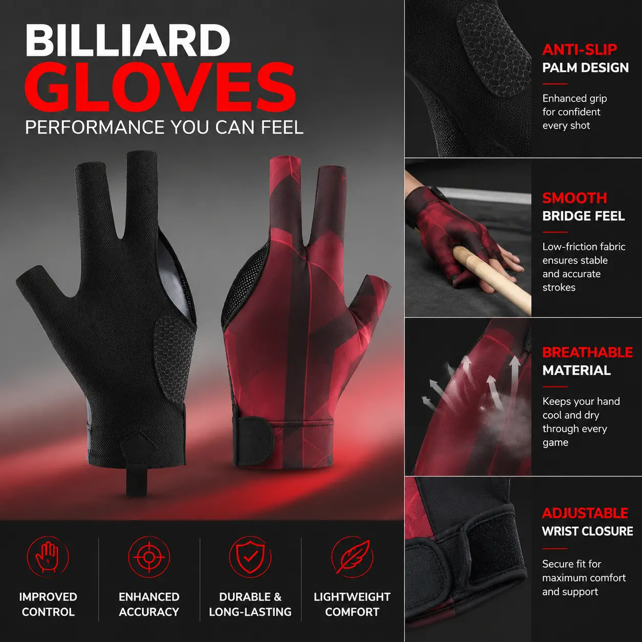 Professional 3-Finger Billiards Glove for Snooker, Pool – Breathable Lycra Fabric, Bare-Skin Feel, Anti-Slip Grip, Durable Wear Resistance, Unisex Design for Enhanced Control, Comfort