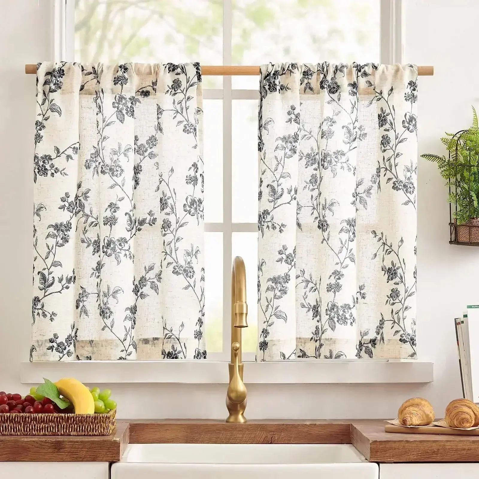 Bloom Vine Rod Pocket Kitchen Curtains, Linen Blend Floral Print, Durable for Kitchen Window & Camper Use, Bathroom, 75% Polyester
