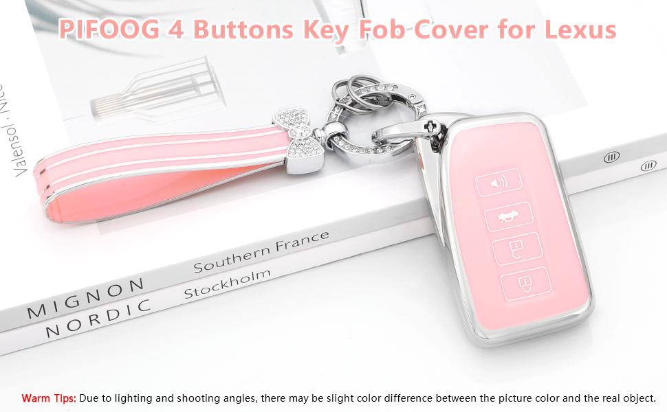 Key Fob Cover for Lexus RX is NX ES RC RX LX Pink 4 Button Car Keys Case Shell Accessories Bling Keychain Lanyard Full Protector Covers Girly Female TPU