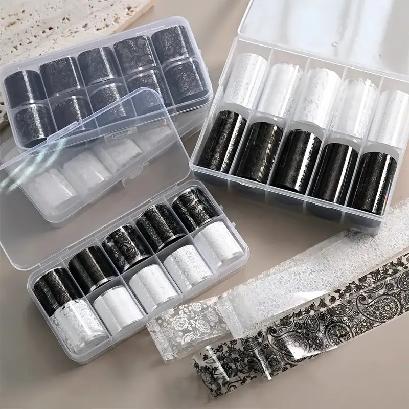 10 Rolls Lace Nail Foil 1 Boxes Floral Transfer Stickers DIY Acrylic Nail Holographic Decals Solid Nail Art Decorations Transferable Nail Art Nail Design Stickers