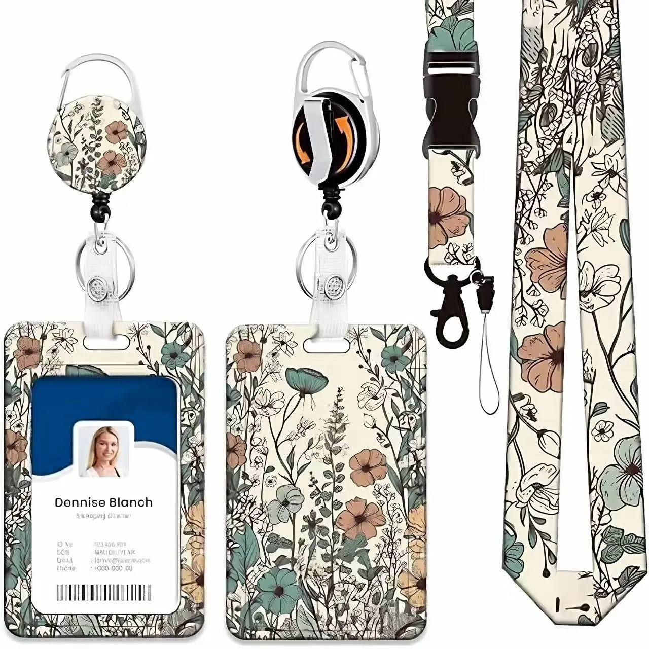 Heavy Duty ID Badge Holder with Lanyard, Retractable Badge Reel Clip, Lanyards for Hard Vertical ID Card Holders for Office, School, Teachers, Nurses, Medical Badge Holder, Women - Vintage Floral Art