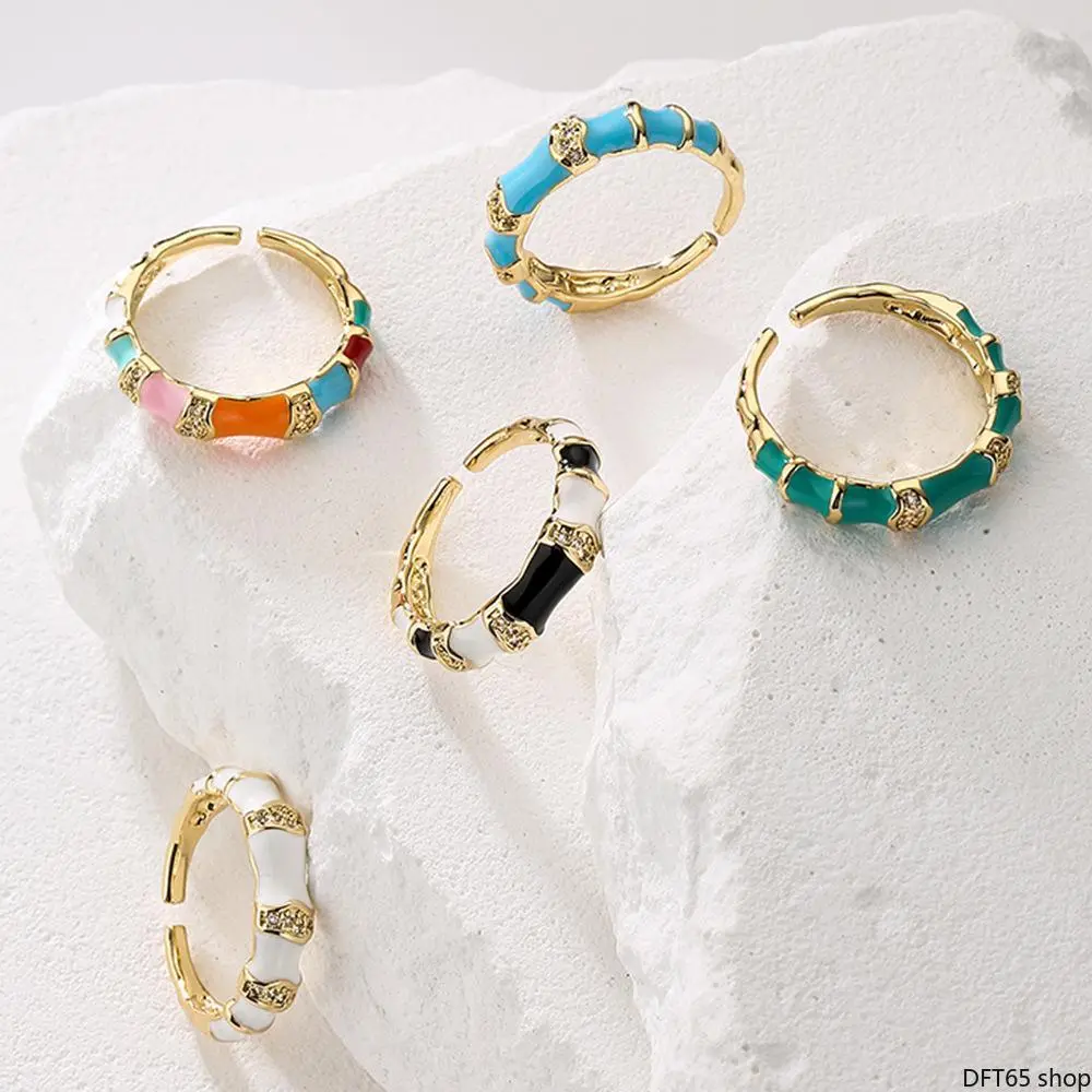 Geometric Enamel Open Adjustable Ring 18K Gold Plated Solid Copper Base Color Block Gloss Drip Oil Inlay Flexible Expandable Band Slim Light Frame For Women Daily Casual Versatile Minimalist Decorative Finger Accessory