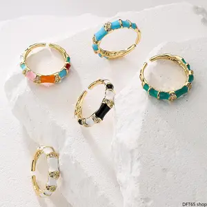 Geometric Enamel Open Adjustable Ring 18K Gold Plated Solid Copper Base Color Block Gloss Drip Oil Inlay Flexible Expandable Band Slim Light Frame For Women Daily Casual Versatile Minimalist Decorative Finger Accessory